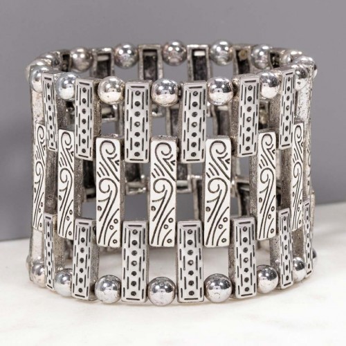 Bracelet LABYRIS Black Silver Manchette souple élastique Médiéval ou celtique Argent et Noir Laiton argenté