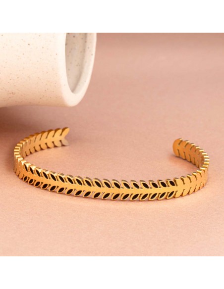 Bracelet NOGUERI Black Gold Jonc réglable flexible rigide multirangs Feuillage Doré Noir Acier inoxydable doré à l'or fin émaux