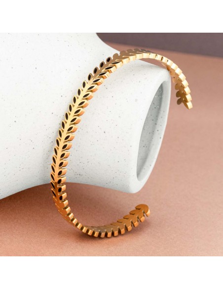 Bracelet NOGUERI Black Gold Jonc réglable flexible rigide multirangs Feuillage Doré Noir Acier inoxydable doré à l'or fin émaux