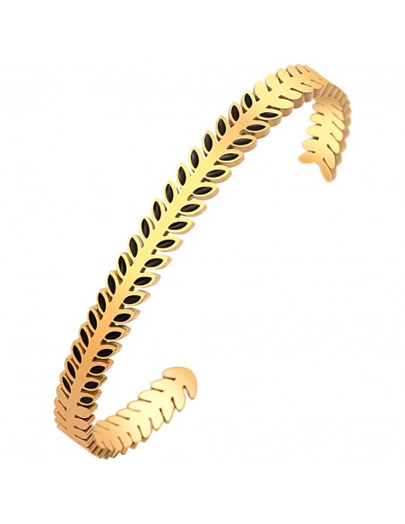 Bracelet NOGUERI Black Gold Jonc réglable flexible rigide multirangs Feuillage Doré Noir Acier inoxydable doré à l'or fin émaux