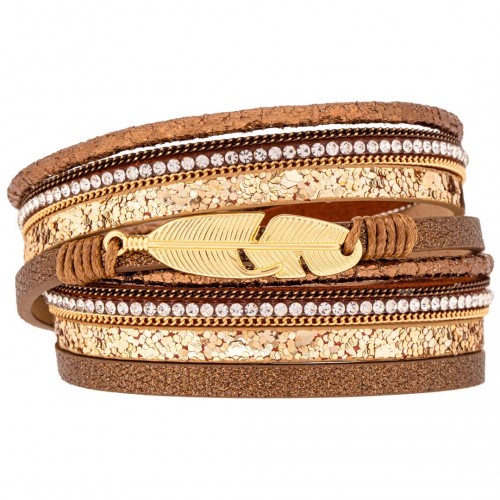 Bracelet CUROSIAN Gold Double tour Multirangs Ethnique plume et paillettes Doré Rhodium et Simili-Cuir Cristal