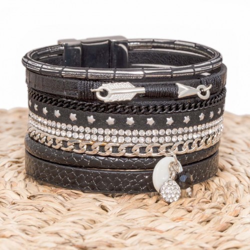 Bracelet APACHE Black silver Manchette souple Symbole flèche amérindien Argent Noir Rhodium Simili-Cuir Cristal Nacre Naturelle