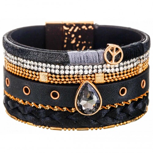 Bracelet CAMORA Black Gold Manchette souple Symbole paix Doré et Noir Rhodium et Simili-Cuir Cristal et Clous décoratifs