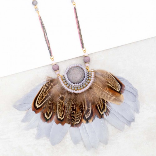 Collier VEREAS Grey Gold Couronne de plumes Doré et Gris Rhodium Cristal et Pierre de roche et Plumes