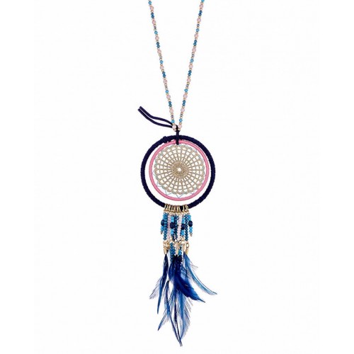 Collier BRODERIA Night Blue Gold Sautoir pendentif Attrape-rêve ethnique Doré Bleu Nuit Rhodium Cristal Broderies Macramé Plumes
