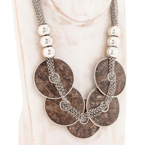 Collier BOSSINGUA Brown Chocolate Silver Plaston pavé Pastille de Bois Argent et Marron Chocolat Rhodium et Simili-Cuir