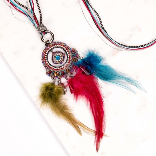 Collier PELTAVA Color Silver Sautoir pendentif Attrape-rêve ethnique Argent Multicolore Rhodium Cristal Broderie Macramé Plume