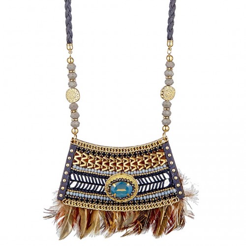 Collier DESPERADO Grey Gold Sautoir pendentif en Y Ethnique amérindien Doré et Gris Rhodium Cristal et Tissage et Plumes