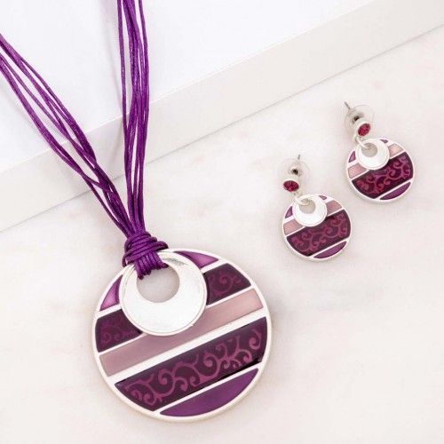Parure ARABESQUE PARMA Violet Silver Ras de cou pendentif boucles d'oreille Romantique Argent Violet Cristal Pâte de verre émaux