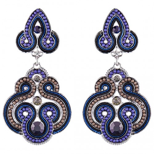 Boucles d'oreilles ECLOR Night Blue Silver Pendantes ajourées pavées Ethnique Argent et Bleu Nuit Rhodium Cristal