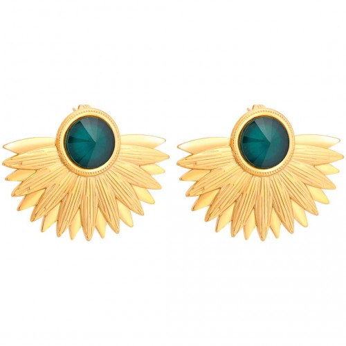 Boucles d'oreilles KISOA STEEL Green Gold Puces pendantes Solaire Doré et Vert Acier inoxydable doré à l'or fin Cristal