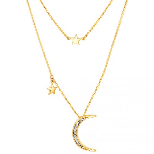 Collier MOON & STARS White Gold Ras de cou Multirangs à pendentif Lune et étoile Doré et Blanc Doré à l'or fin Cristal
