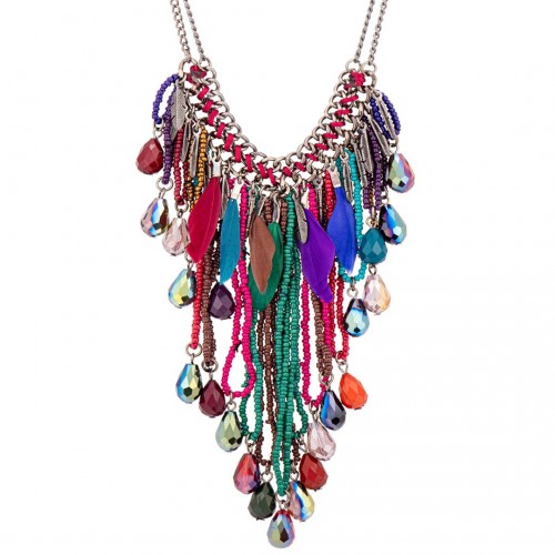 Collier SODIANA Color Silver Plastron à frange Ethnique amérindien Argent et Multicolore Rhodium Cristal et Plumes et Perles