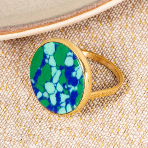 Bague PRECIOTA Emerald Green Gold Cabochon serti Doré et Vert Acier inoxydable doré à l'or fin Pierre semi-précieuse