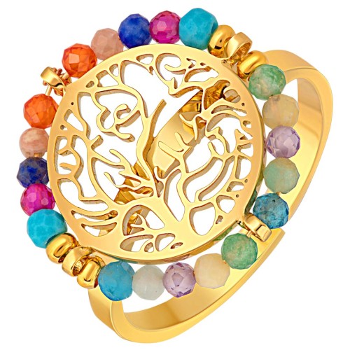 Bague EVACOLA STEEL Color Gold Cabochon réglable flexible Arbre de vie filigrane Doré Multicolore Acier inoxydable Cristal