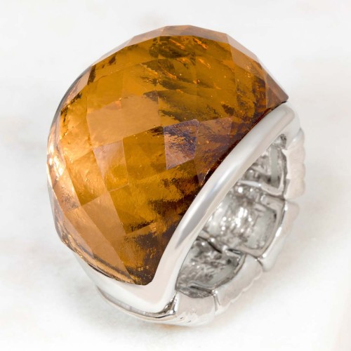 Bague CRYSTAL ICY Topaz Silver Cabochon élastique Cristal central Argent et Beige Topaze Rhodium Cristal