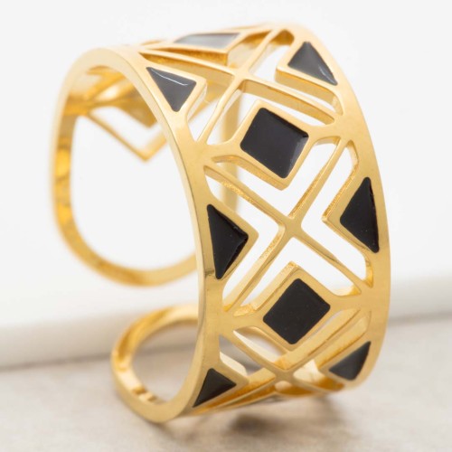 Bague MODAMIA Black Gold jonc réglable flexible damier ajouré Doré et Noir Acier inoxydable doré à l'or fin émaux