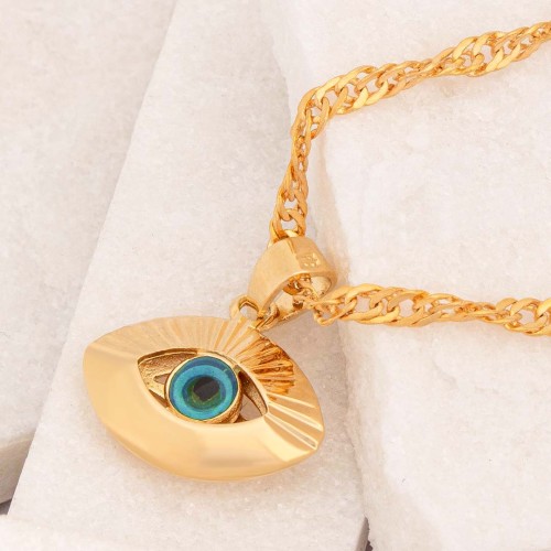 Collier EYOKA Blue Gold Ras de cou pendentif Œil Doré et Bleu Laiton doré à l'or fin