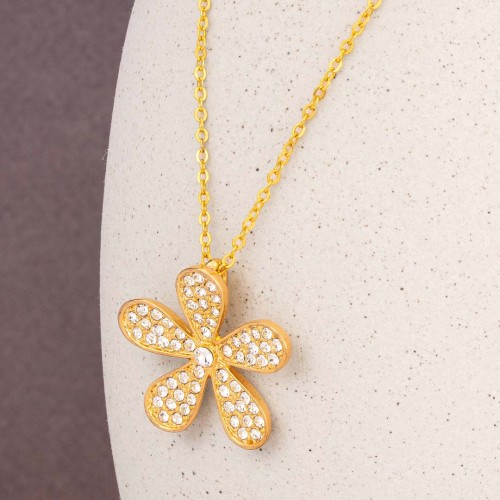 Collier FLORUS White Gold Ras de cou pendentif Fleur Doré et Blanc Doré à l'or fin Cristal