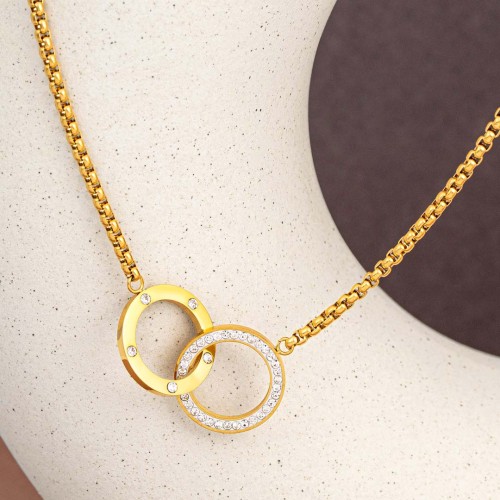 Collier TRUTH STEEL White Gold Ras de cou pendentif Anneaux entrelacés Doré et Blanc Acier inoxydable doré à l'or fin Cristal