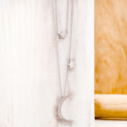 Collier MOON & STARS White Silver multirangs symbole étoile et lune Argent et Blanc Rhodium Cristal