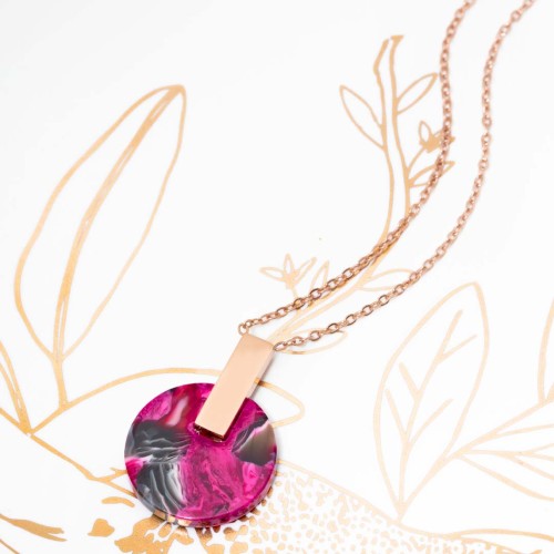 Collier PIECE OF STONE Pink & Rose Gold pendentif géométrique Rosé et Rose Framboise Acier inoxydable doré à l'or fin Résines