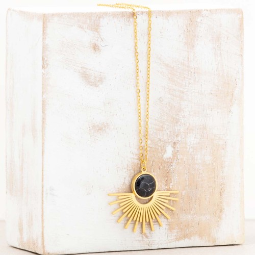 Collier EKIS Black Gold symbole solaire Doré et Noir Acier inoxydable doré à l'or fin Pierre semi-précieuse Howlite reconstituée