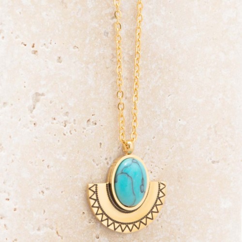 Collier NAELI Blue Gold pendentif ethnique Doré et Bleu Turquoise Acier inoxydable doré à l'or fin Pierre Turquoise reconstituée