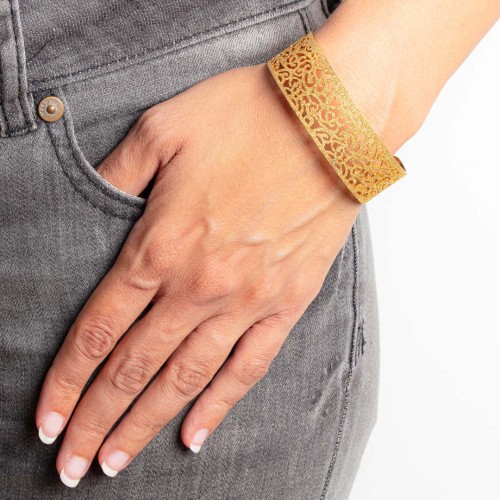 Bracelet ROSES OF MY LOVE STEEL Gold Manchette flexible rigide Claustra floral Doré Acier inoxydable doré à l'or fin