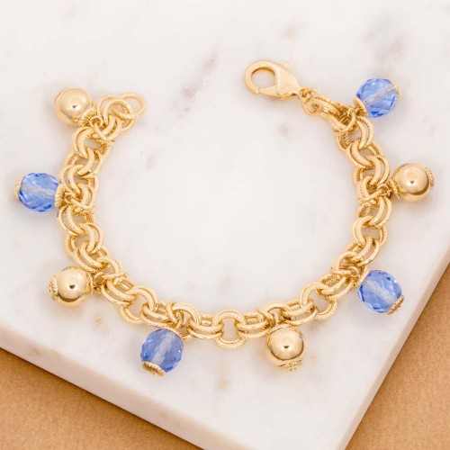 Bracelet PAULINA Blue Gold Bracelet chaine souple Pendentifs perles Doré et Bleu Laiton doré à l'or fin Pâtes de verre