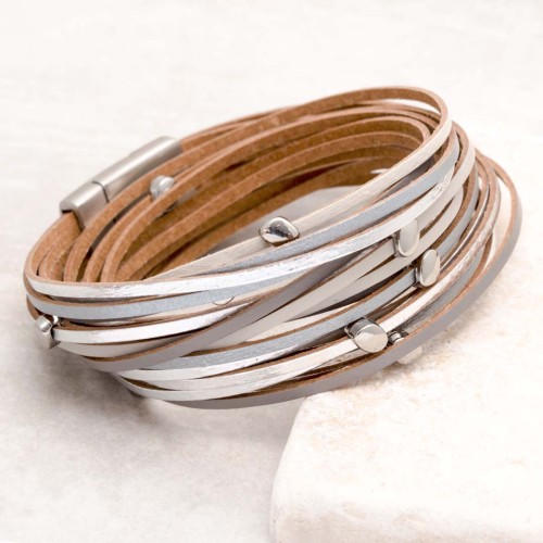 Bracelet LINOS Grey Silver Double tour Multirangs Classique intemporel Argent et Gris Rhodium et Cuir véritable