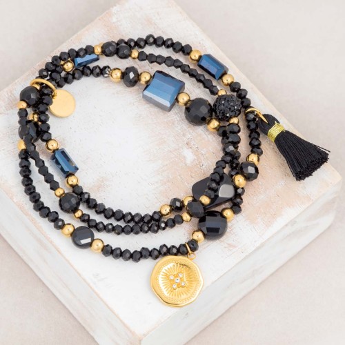 Bracelet OFELIE Black Gold de perles souple multirangs Bohème Doré et Noir Acier inoxydable Cristal pierre semi-précieuse Pompon