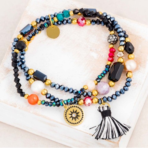 Bracelet DIVOLINE Color Gold de perles souple multirangs Symbole solaire Doré Multicolore Acier inoxydable Cristal Perles Pompon
