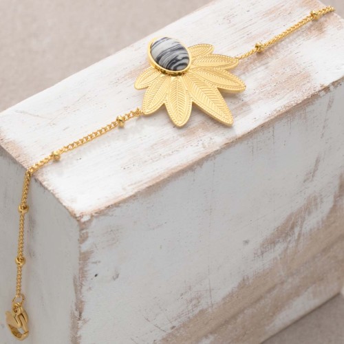 Bracelet NATULIS Doré et Blanc symbole feuille Acier inoxydable doré à l'or fin Pierre semi-précieuse Jaspe noire reconstituée