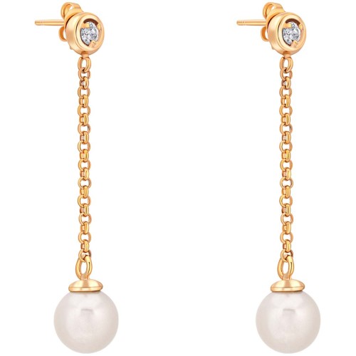 Boucles d'oreilles PERLESOA White Gold Pendantes mi-longues Perles Doré et Blanc Laiton doré à l'or fin Cristal et Perles