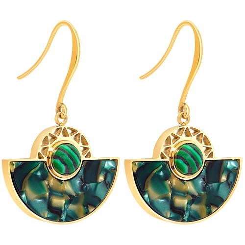 Boucles d'oreille TANZANA STEEL Green Gold Pendante courte éventail pavé Doré Vert Acier inoxydable Résine Malachite reconstitué