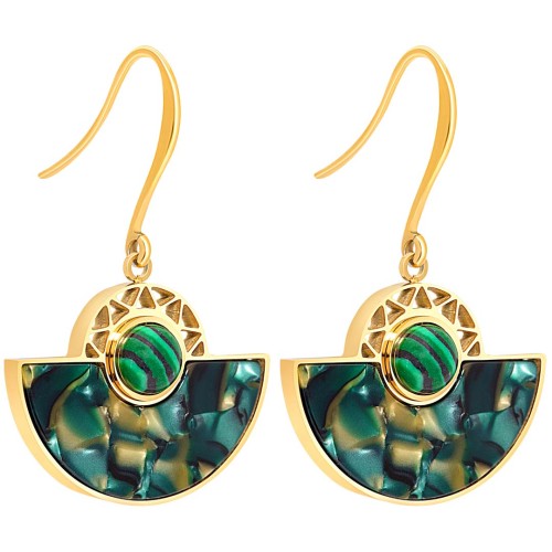 Boucles d'oreille TANZANA STEEL Green Gold Pendante courte éventail pavé Doré Vert Acier inoxydable Résine Malachite reconstitué