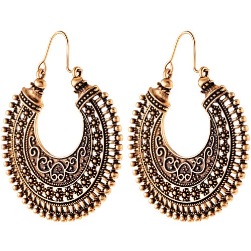 Boucles d'oreilles KIRIAK Black Gold Créoles disques gravures indiennes Doré et Noir Doré à l'or fin