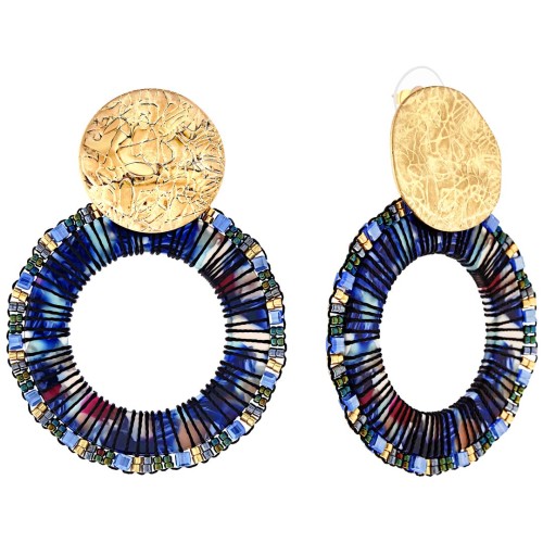 Boucles d'oreilles CRYSTAL PEARLS VALLEY GOLD & BLUE Doré et Bleu Laiton doré à l'or fin Perles de cristal tissés et Résines
