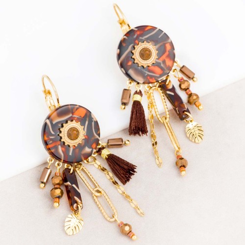Boucles d'oreilles KERINE Brown Gold Pendantes Ethnique Chocolat Acier inoxydable doré Jaspe beige Résine Cristal Pompon