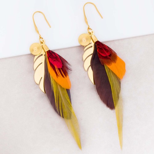 Boucles d'oreilles NATIVE Red Gold Pendantes longues Plumes ethniques Doré et Rouge Orange Chocolat Acier inoxydable Plumes