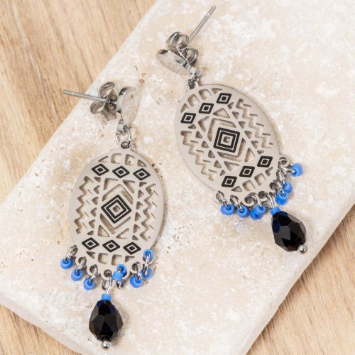 Boucles d'oreilles EVERGLADES Blue Silver Pendantes courtes Ethnique amérindien Argent et Bleu Acier inoxydable Cristaux sertis