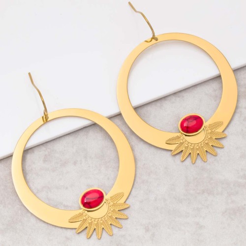 Boucles d'oreilles EKISOR Doré et Rouge Corail Acier inoxydable doré à l'or fin Pierre semi-précieuse Jaspe rouge reconstituée