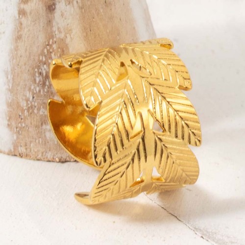 Bague LEAVES Gold Jonc réglable flexible Feuilles Doré Acier inoxydable doré à l'or fin