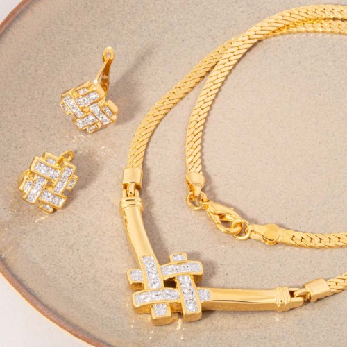 Parure CROSELLA White Gold Ras de cou pendentif boucles d'oreilles puces Croisé quadrillé Doré et Blanc Doré à l'or fin Cristal