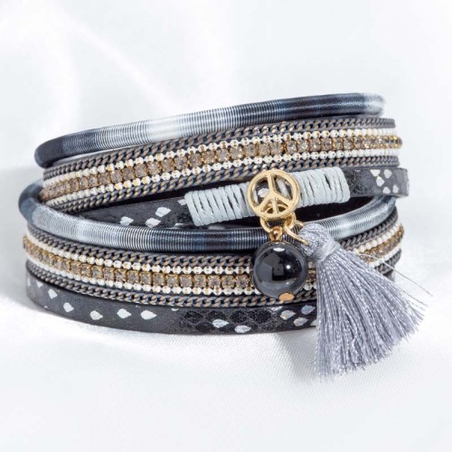 Bracelet PEACE OF TRIP Grey Gold Double Tour Multirangs Paix Doré et Gris Rhodium Simili-Cuir Cristal pompons