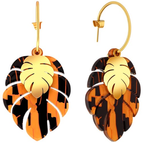 Boucles d'oreilles WILD NATURE STEEL TIGER Beige Gold Créoles à pendentif Feuille tigrée Doré et Beige Acier inoxydable Résines