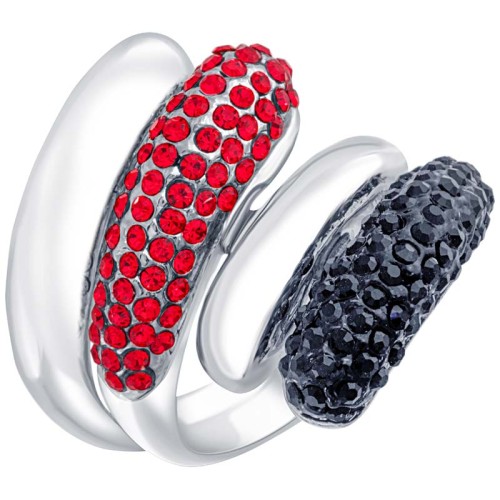 Bague YOU AND ME Black Red & Silver Toi et Moi pavé Double Toi et Moi Argenté et Noir Rouge Rhodium Cristal