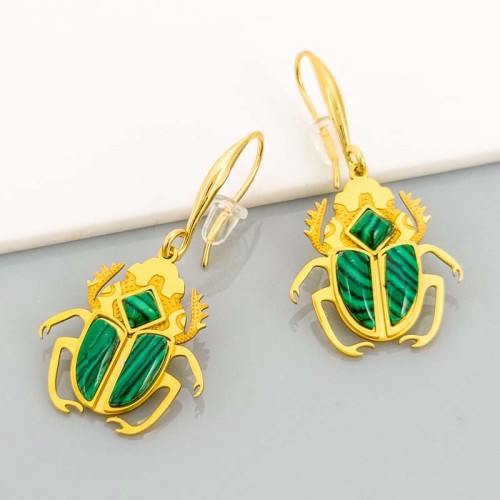 Boucles d'oreilles GYPTIS Green Gold Pendantes courtes Scarabée Vert Acier inoxydable doré à l'or fin Malachite reconstituée