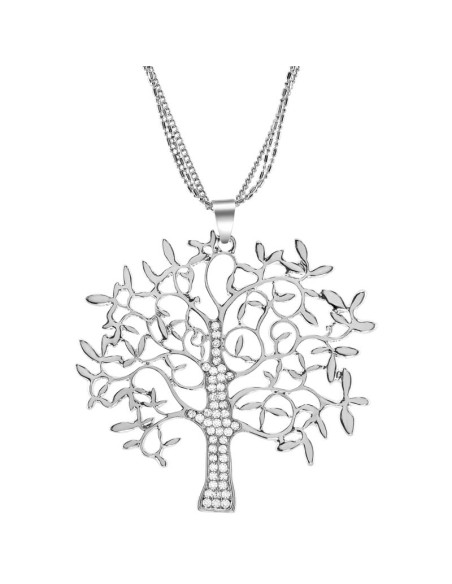 Collier LIFE SHINE White Silver Sautoir pendentif en Y Arbre de vie Argenté et Blanc Rhodium Cristal